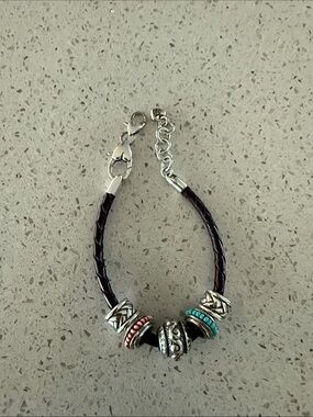 Silver-Accent Brown Braided Leather Bead Bracelet